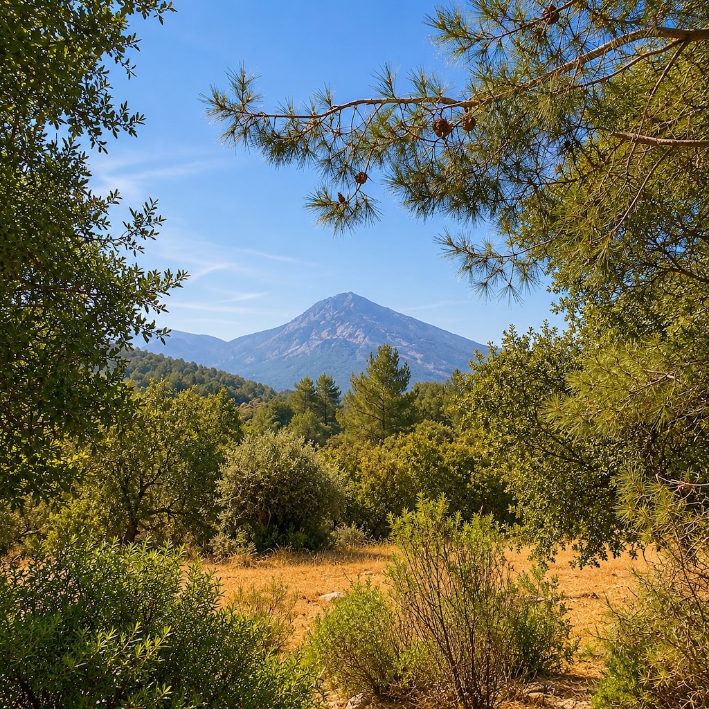 Mediterranean mountain framed by pine trees
